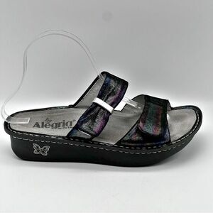 Alegria Karmen Black Metallic Rainbow Leather Slip On Slide Platform Sandals 38